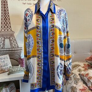 Massardi Gold Label vintage silk Imari blues/golds blouse/tunic size XL
